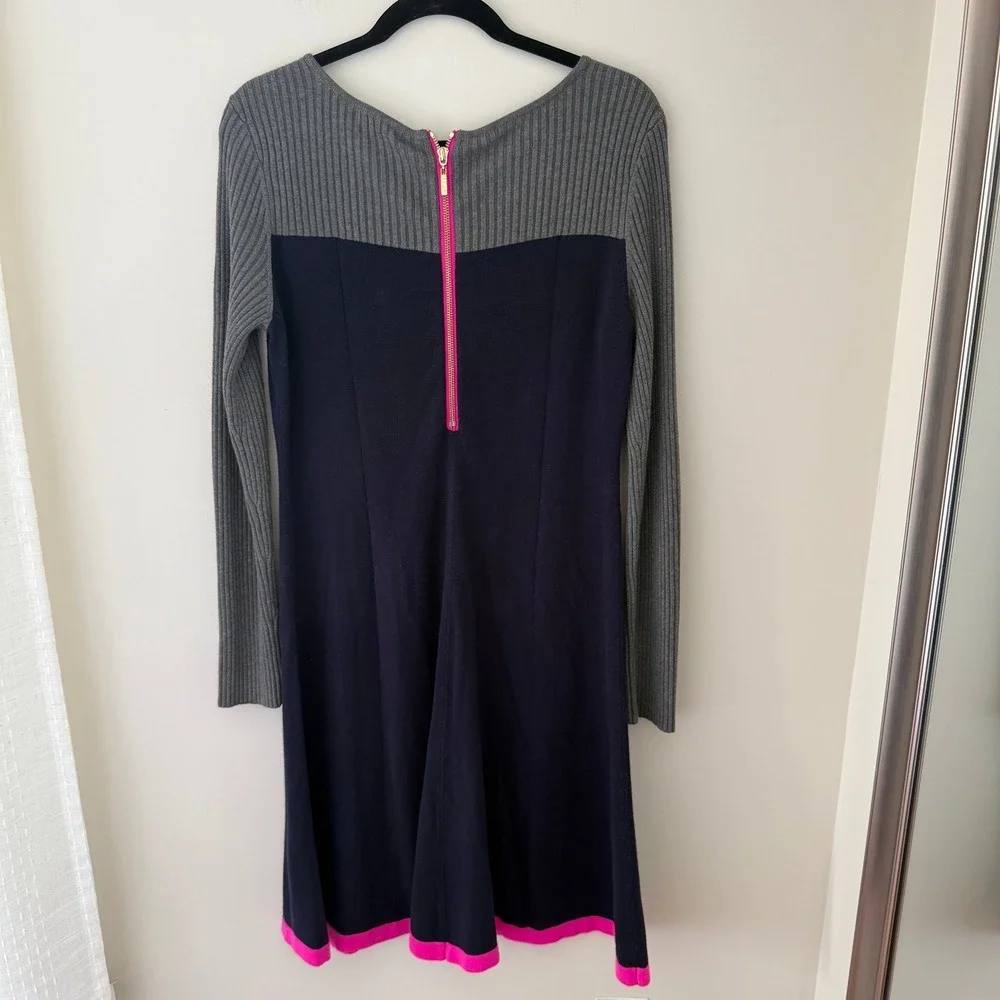 Eliza J Womens Colorblock Knit Sweater Dress Navy Grey Pink Zip Back Size L‎